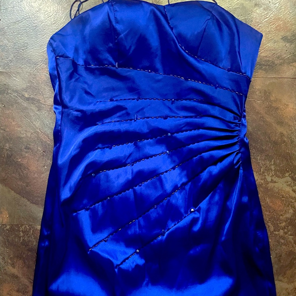 Satin navy cocktail dress with beading